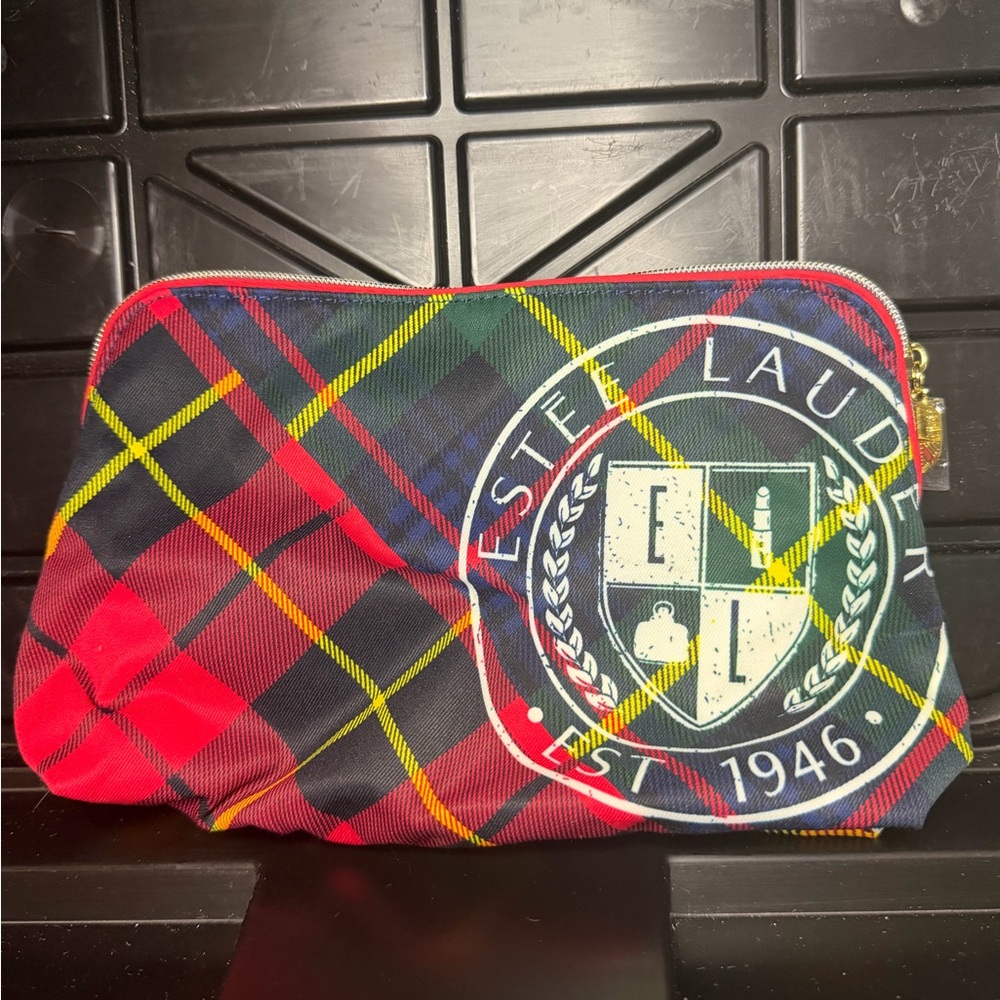 Estee Lauder Red and Blue Plaid Toiletry Bag